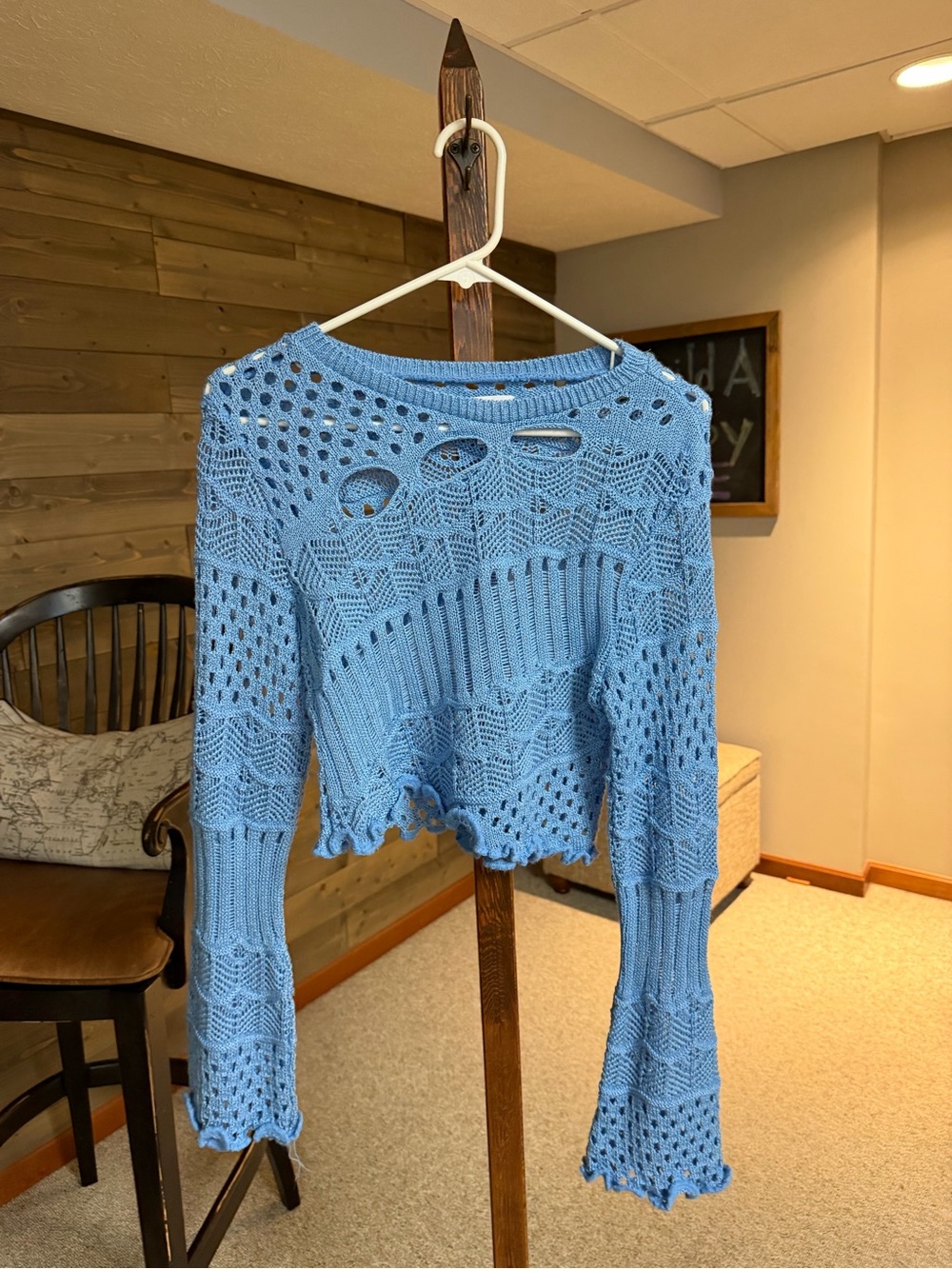 ASOS Blue Open-Knit Crochet Scoop Neck Sweater